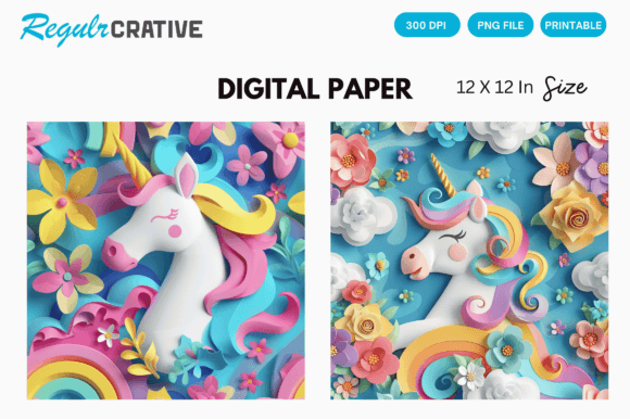 3D Watercolor Unicorn Digital Paper