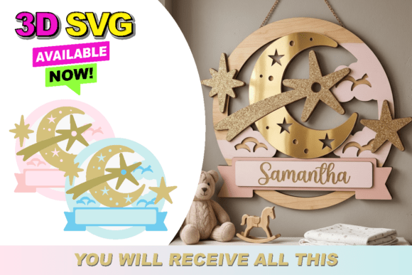 Baby Name Sign Deer Moon Stars 3D SVG