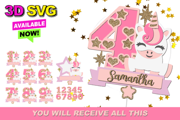 Unicorn Numbers Topper 3D SVG